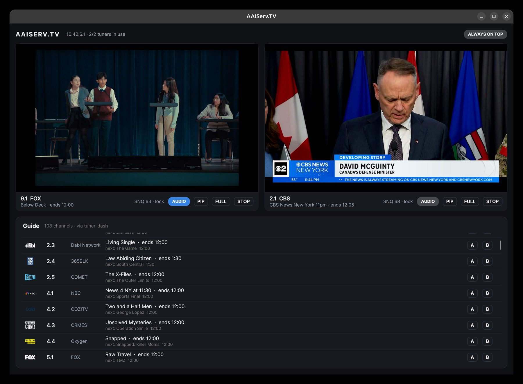 AAIServ.TV: two live broadcast streams side by side above a 108-channel guide