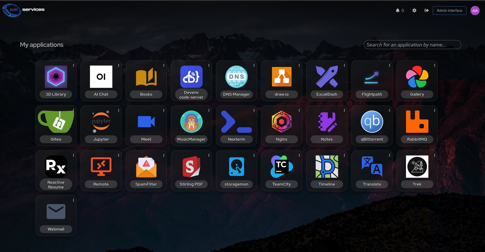 The Authentik application catalog: a grid of every homelab service as app tiles