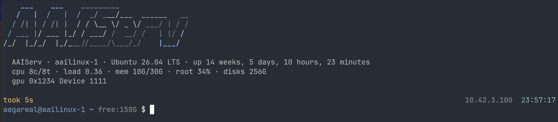 The devenv login banner: AAIServ ASCII art, host and resource summary, shell prompt